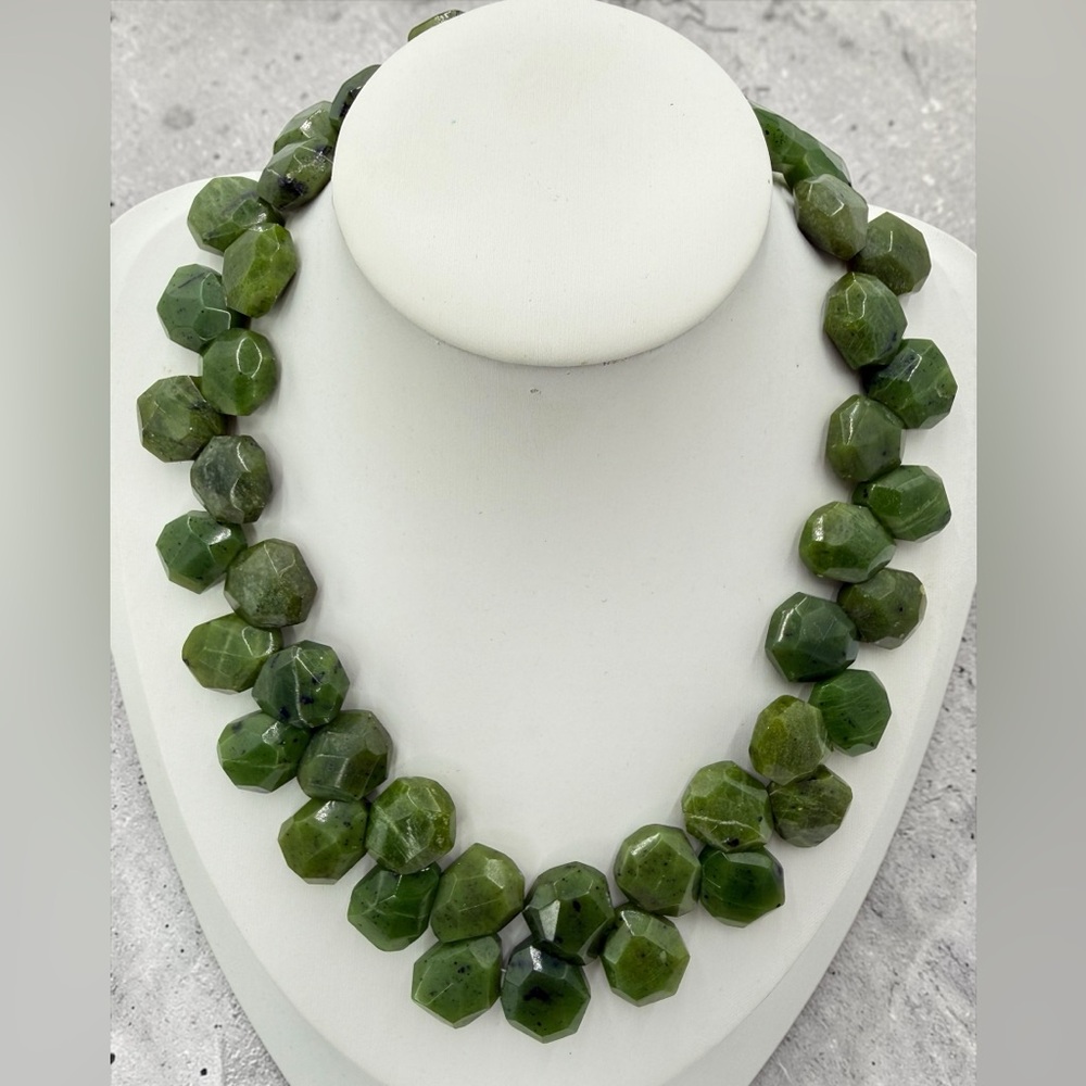 Chunky Nephrite Jade Necklace 925 Sterling 16” 162g Statement Natural Gemstone